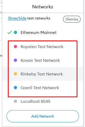 available testnets in Metamask