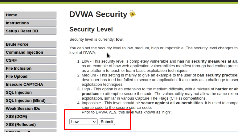DVWA Security settings