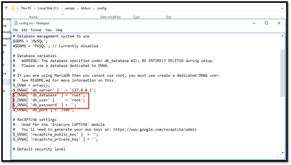 dvwa settings on windows