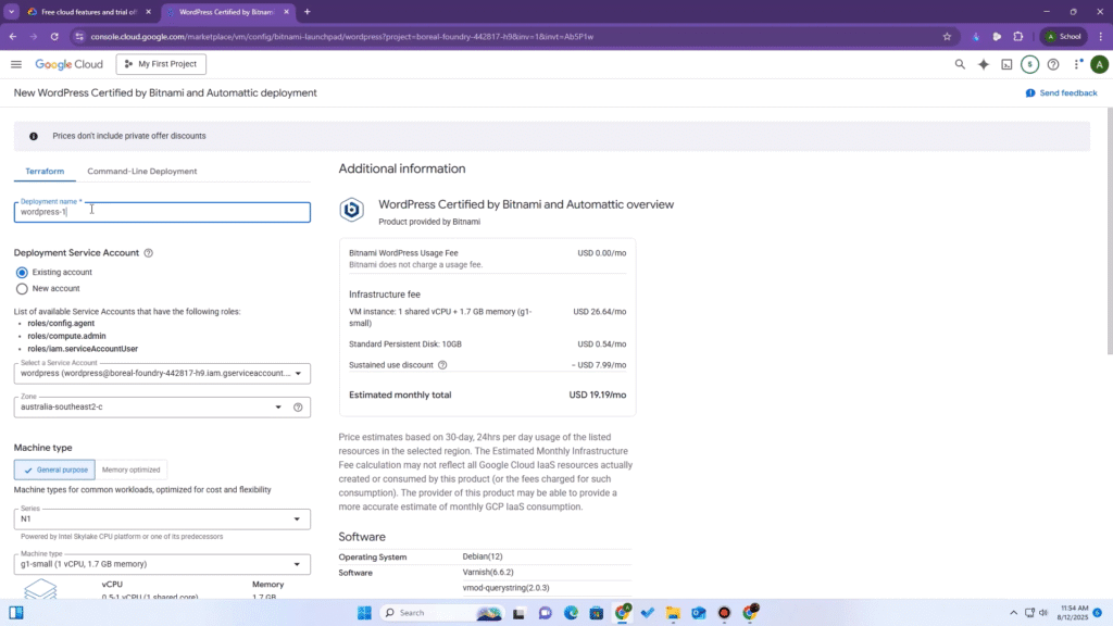 Google Cloud WordPress deployment settings for the Always Free tier.