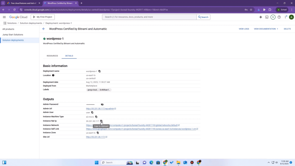 Bitnami WordPress deployment success screen showing IP address and admin credentials.