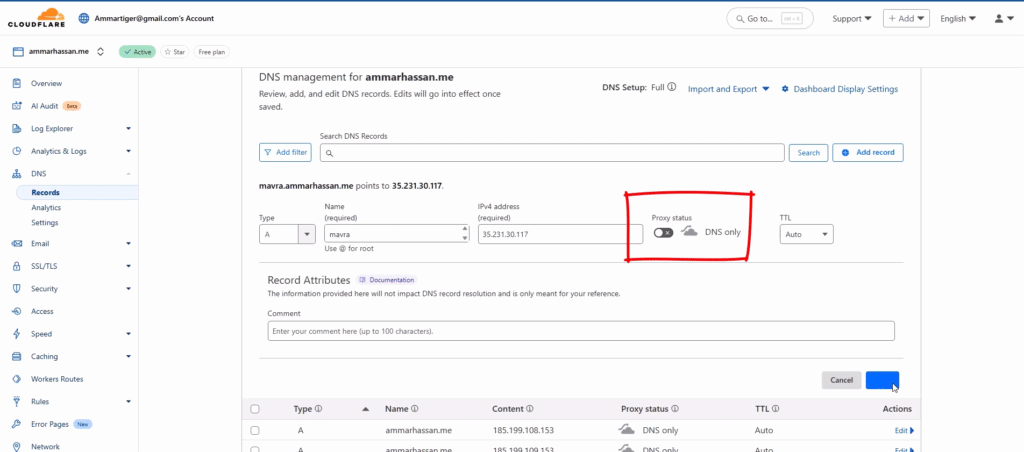 Adding 'A' records in Cloudflare to point a domain to a Google Cloud IP address.