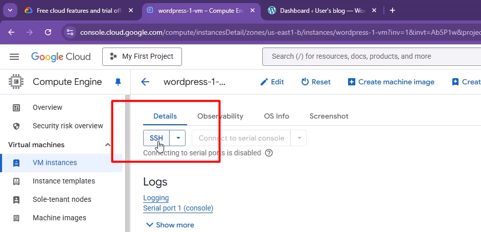 Connecting to a Google Cloud VM instance via browser SSH.