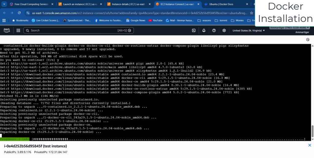 Terminal window showing the Docker installation commands running