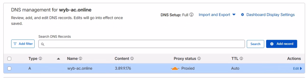 Cloudflare DNS settings adding the A Record