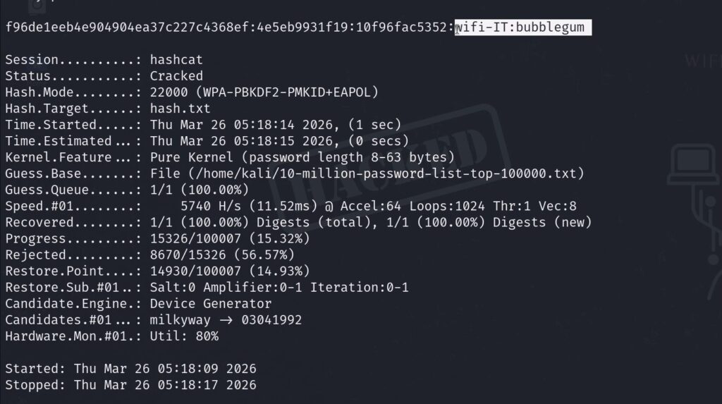 Hashcat cracking WPA3 downgraded handshake - password bubblegum found